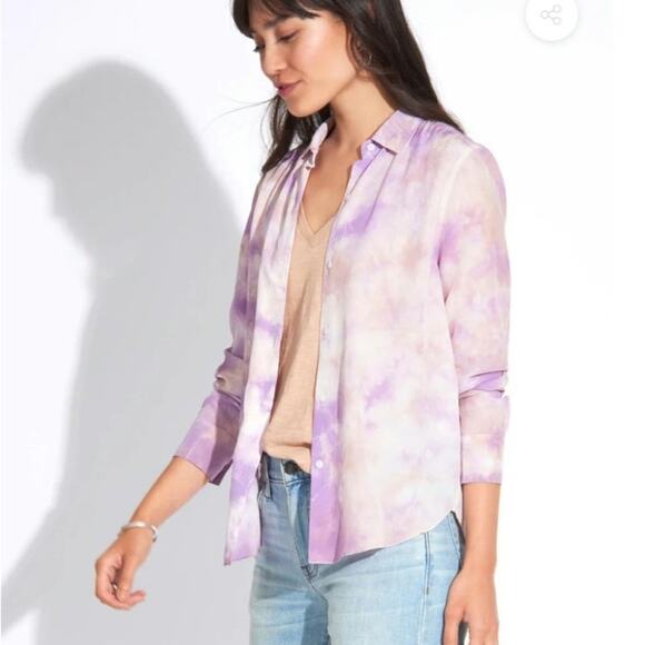 Sourcery Shirt Womens XS LAURIE BUTTONDOWN Blouse Washable Silk Pastel Tie Dye - Picture 1 of 16